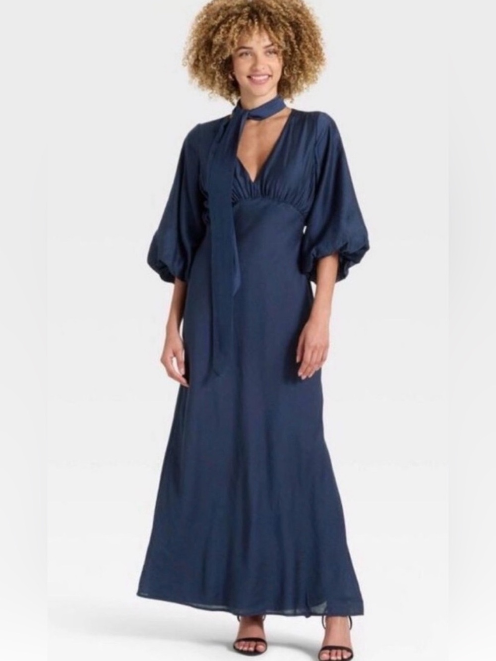 a new day Navy Maxi Dress with Puff Sleeves and Choker Tie